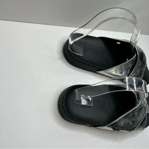 PINK Victoria’s Secret Silver and Black slide on Sandals with Metallic Straps - Picture 4 of 7